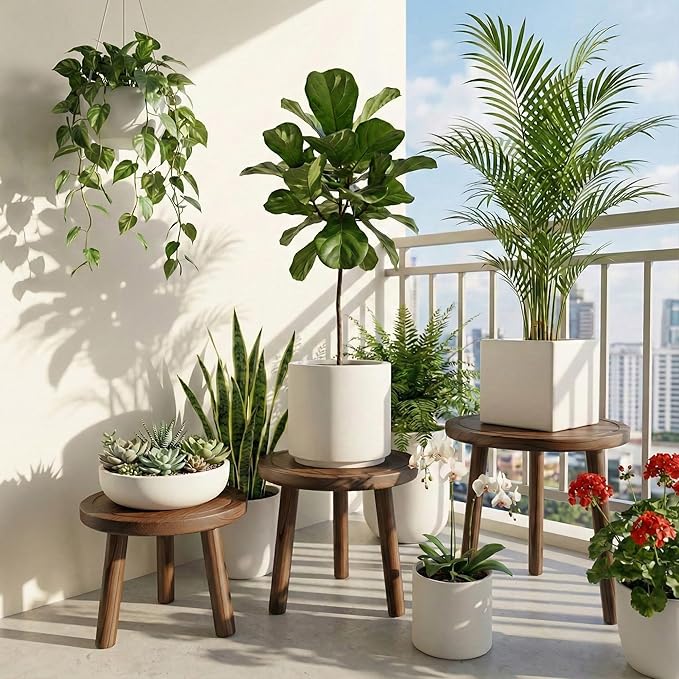 Wood Plant Stands Indoor, 3-Pack Single Plant Stand for 6-12 Inch Pots, Mid-Century Modern Plant Stool, Tall Wooden Plant Stand for Large Plants Perfect Fit for Living Room, Balcony, Office(Dark Brown)