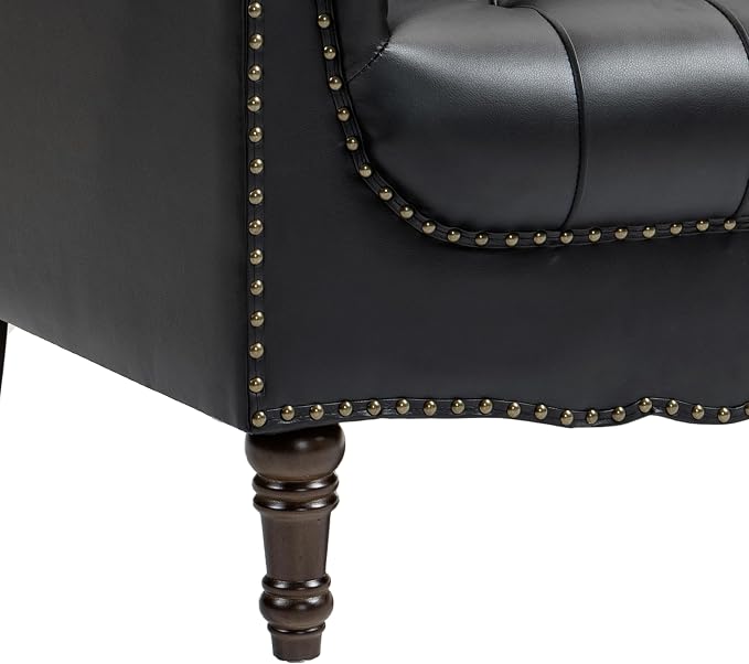 Faux Leather Accent Chair for Living Room, Upholstered Retro Armchair Tufted Club Arm Chair Single Sofa Lounge Bedroom Side Reading Seating with Solid Wood Legs, Black