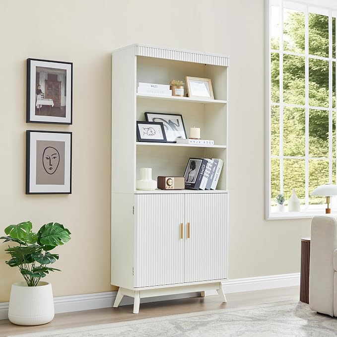 68" Fluted Tall Bookcase with Storage Cabinet,Mid-Century Modern 5-Tiers Arched Bookshelf Cabinet with Doors,Arched Bookcase with Open Display Storage Shelf for Home Office Bedroom Living Room, Beige