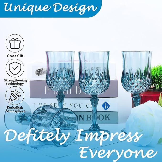 Plastic Wine Glasses, Plastic Goblets Vintage Style Cordial Drinking Glasses for Valentine’s Day, Wedding Reception, Grand Event Party Supplies (24, Dusty Blue)