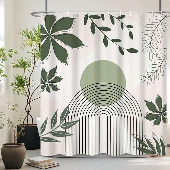 Boho Shower Curtain Modern Abstract Green Leaves Sun Bathroom Curtain Minimalist Geometric Arch Nature Fresh Decor Shower Curtain Waterproof Fabric with Hooks 72x78