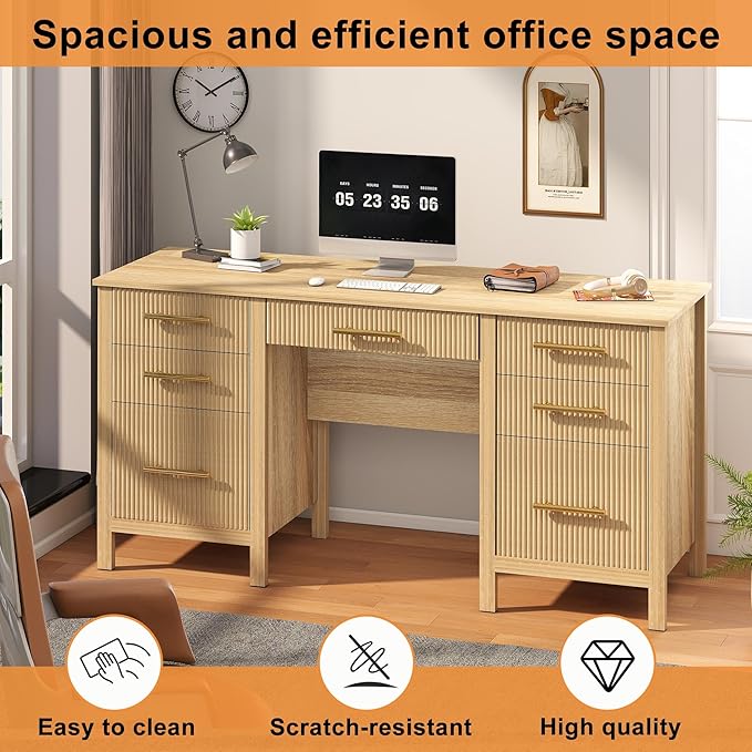 Executive Desk with Drawers: 60" Oak Desk with File Cabinet, Home Office Desks with Storage, Modern Desks with File Drawer, Fluted Wood Computer Table (60")