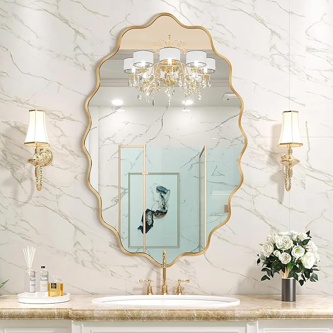 Oval Wavy Wall Mirror -Irregular Wall Mirror with Gold Asymmetrical Aluminum Alloy Frame,24"x36" Decorative Wall Mirrors for Bathroom, Bedroom, Living Room, Dining Room，Entryway