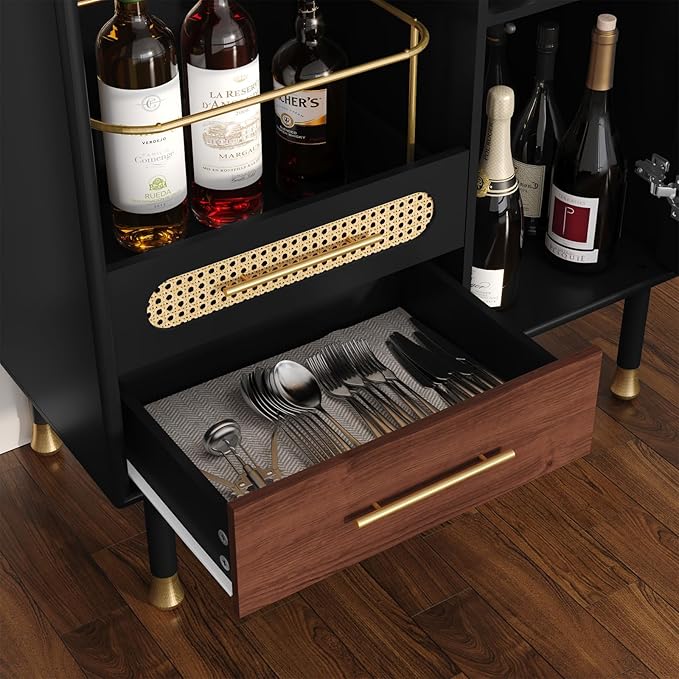 ARTPOWER Modern Coffee Bar Cabinet with Wine Glass Rack and Drawers, Black Liquor Cabinet with Pull-Out Wine Storage for Kitchen, Dining Room, Living Room