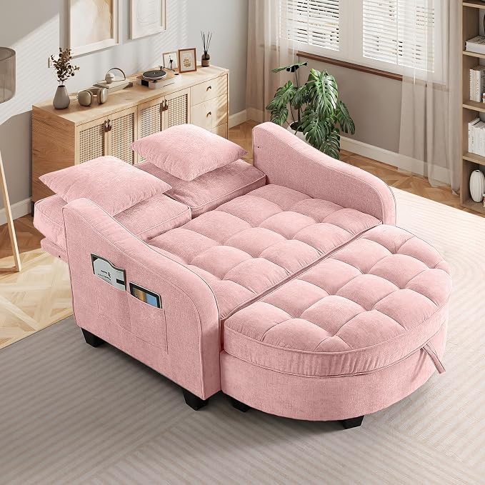 Oversized Chaise Lounge Chair Indoor with Ottoman, Chenille Tufted Comfy Loveseat Sofa Chair with Adjustable Backrest, Fluffy Recliner Sofa, Convertible Sleeper Couch Bed for Living Room(51"W, Pink)