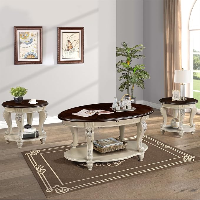 42'' Oval Wood Coffee Table for Living Room, Mid Century Farmhouse Circle Coffee Tables for Apartment, Easy Assembly Traditional Coffee Table Centre Table Retro Cocktail Table, Beige&Cherry