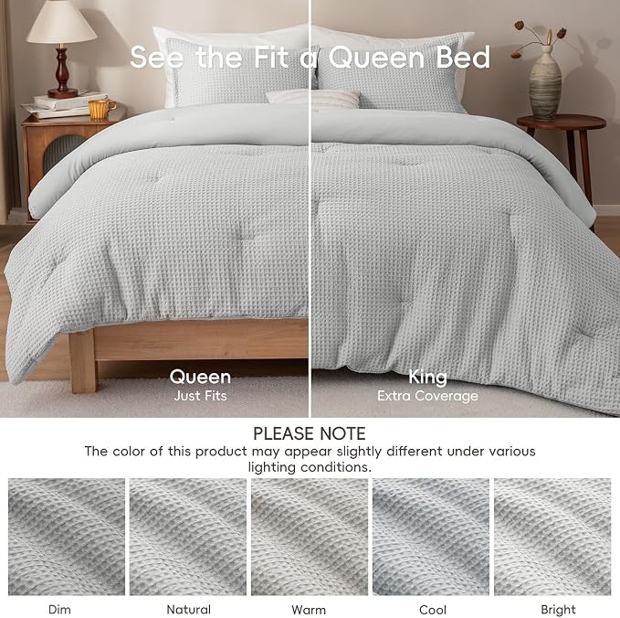 PHF Ultra Soft Waffle Weave Comforter Set King Size, 3 Pieces Lightweight Breathable Comfy Bedding Set, Comfy Textured 1 Comforter with 2 Pillow Shams, Light Grey