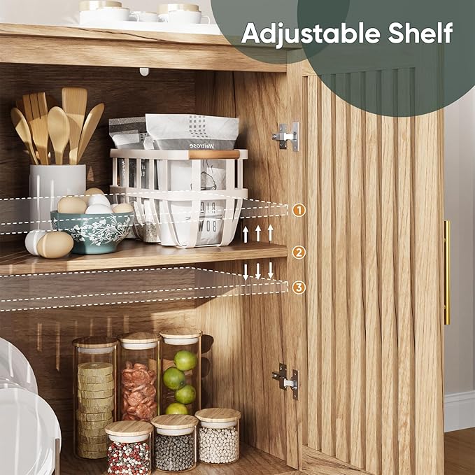 Smart FENDEE 63" Long Sideboard Buffet with 4 Slatted Doors, Farmhouse Buffet Storage Cabinet with Adjustable Shelves, Coffee Bar Cabinet for Entryway, Kitchen, Dining Room, Living Room, Natural