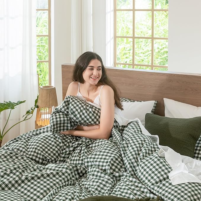 MooMee Gingham Duvet Cover Set 100% Washed Cotton Linen Like Textured Breathable Durable Soft Comfy Modern Checkered Design (Forest Green Gingham, Queen 90"x90")