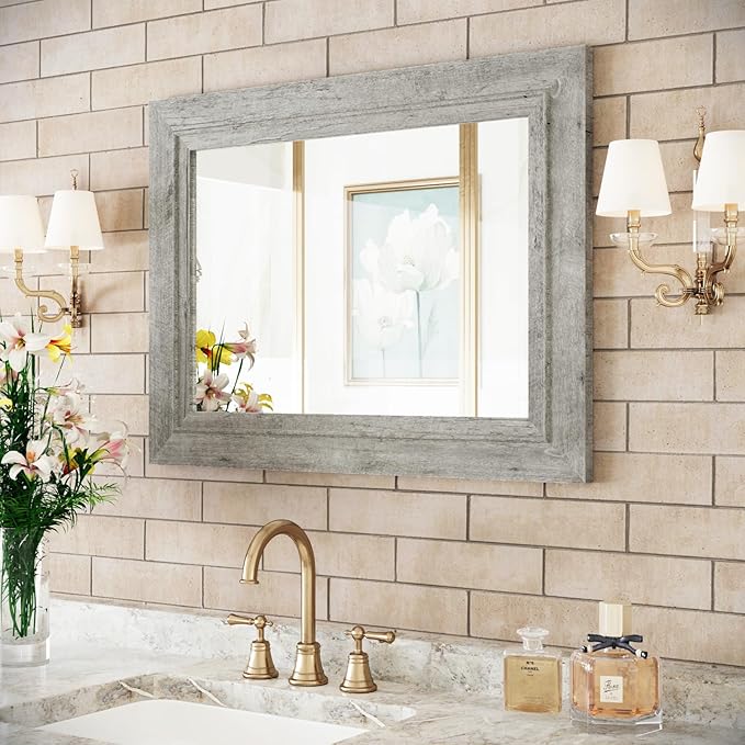 Rustic Wall-Mounted Vanity Mirror, Solid Wood Frame Bathroom Mirror, Farmhouse Style for Living Room, Bedroom, Entryway, Horizontal/Vertical Hanging