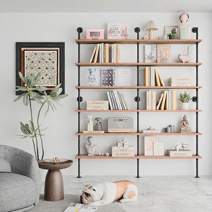Industrial Ladder Shelf Bookcase, Wall Mounted Rustic Bookshelf, Retro Wood Metal Pipe Industrial Shelves for Living Room(Weathered Brown, 6 Tier - 10" D x 70" W x 82.5" H)