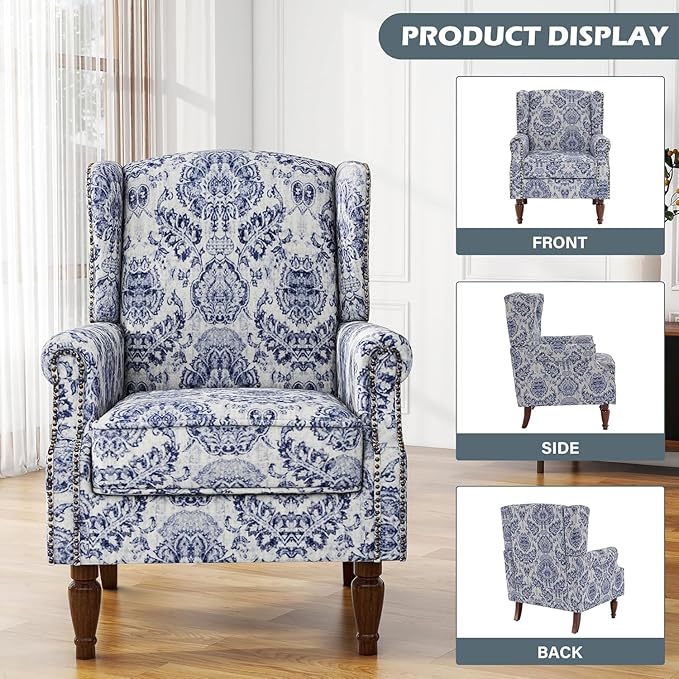 High Back Accent Chairs Set of 2, Fabric Wingback Chair Floral Upholstered Armchair for Living Room, Retro Comfy Single Sofa Bedroom Reading Seat with Solid Wood Legs - Navy