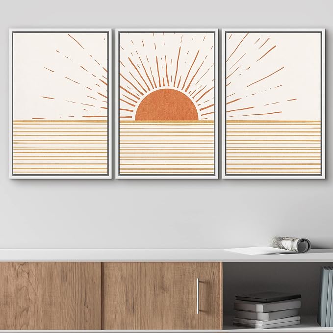 wall26 Framed Canvas Print Wall Art Set Mid-Century Ocean Sunset Sun Horizon Nature Abstract Illustrations Modern Art Bohemian Decorative for Living Room, Bedroom, Office - 24"x36"x3 White