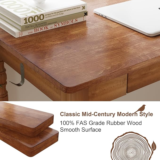 100% Solid Wood Desk with Drawers, 31 x 16 Inch Narrow Mid Century Modern Desk, Vintage Small Wooden Writing Table for Small Spaces Bedroom, Living Room, Office