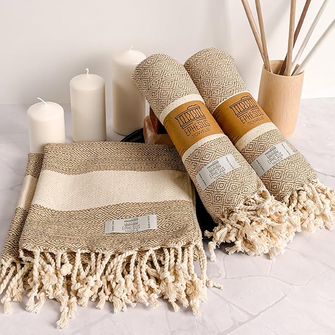 Hand Towels - Set of 2 | 18" x 30" - Decorative Turkish Hand Towel for Bathroom, Kitchen, Guest, Face, Hair, Tea, Dishcloth (Diamond, Mustard)