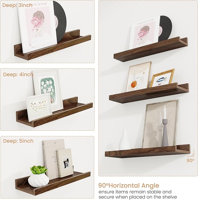 Floating Shelves for Wall Set of 6, 36 inch Picture Ledge Shelf Decor Storage, Wall Mounted Shelves for Living Room Bedroom Decor Books Photo Frames,Walnut