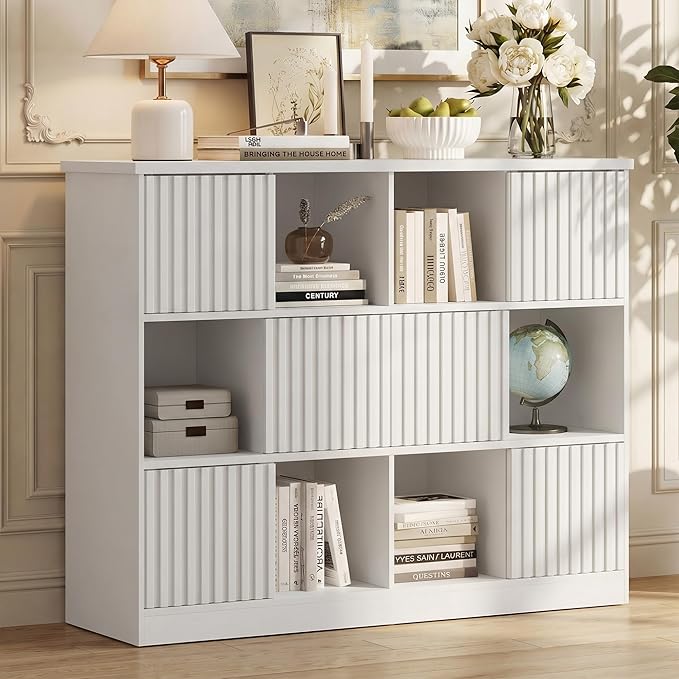 Einhomn 12 Cube Storage Organizer with Sliding Doors, Modern Fluted Bookshelf with Storage Cabinet, Wooden Bookcase with 6 Open Shelves for Living Room, Home Office, Bedroom, White