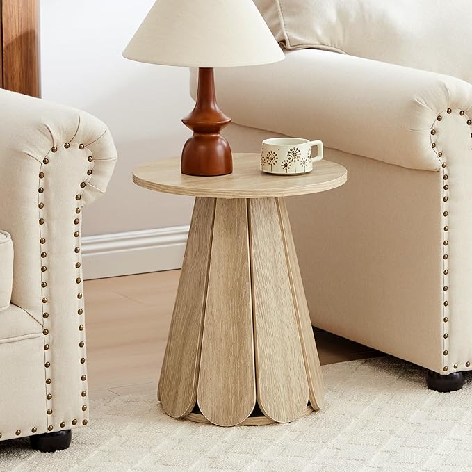 Round End Table Nightstand, Mid Century Modern Side Table, Circle Bedside Tables Wood Night Stand for Bedroom, Living Room, Small Space, Natural