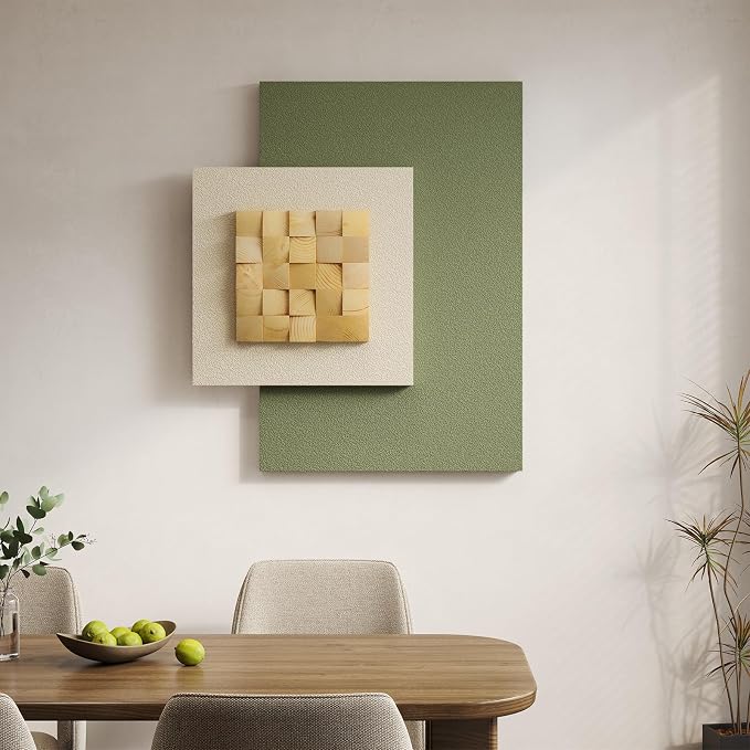 Large 3D Wood Wall Art for Living Room, Abstract Minimalist Geometric Wooden Blocks Artwork for Walls, Modern Sage Green Neutral Textured Paintings Wall Decor for Bedroom Dining Room Hallway Home Office