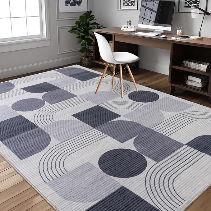 Large Machine Washable 9x12 Area Rug, Soft Modern Geometric Abstract Grey Rugs for Bedroom Living Room, Non-Shedding Faux Wool Indoor Throw Floor Carpet for Office Entryway Dining Room Decor