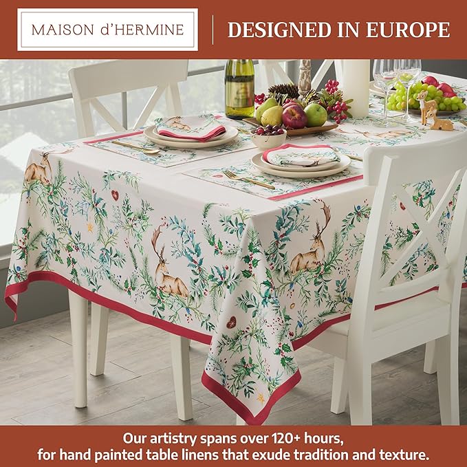 Maison d' Hermine Table Cloth Rectangle Table 100% Cotton 60 x 90 Inches Fall Tablecloth Reusable Everyday Use for Thanksgiving Christmas Decorations Dining Farmhouse Party (Holly Time)
