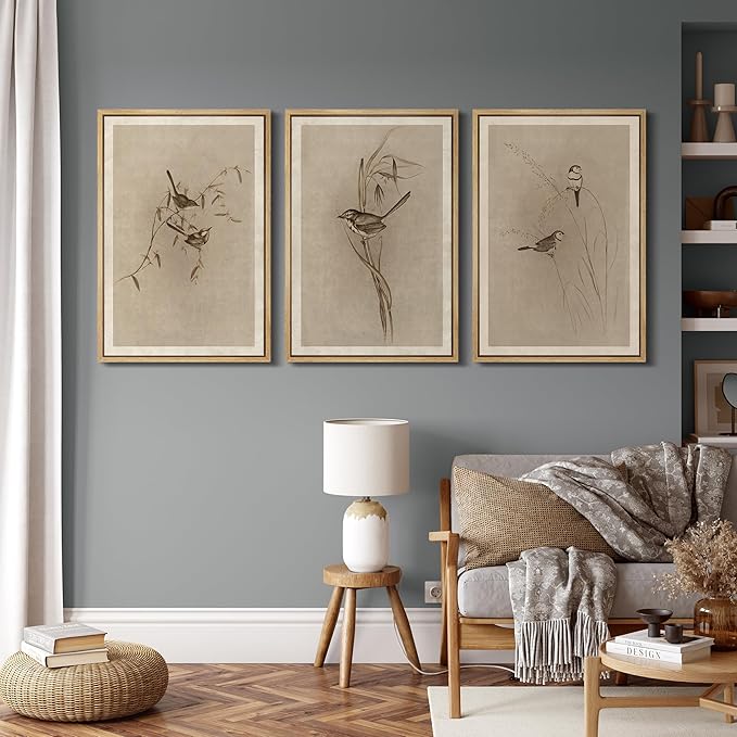 MUDECOR Framed Wall Art Print Set Vintage Bird Wheat Ear Illustrations Modern Art Boho Decorative Colorful Chic for Living Room, Bedroom, Office - 24"x36"x3 Natural