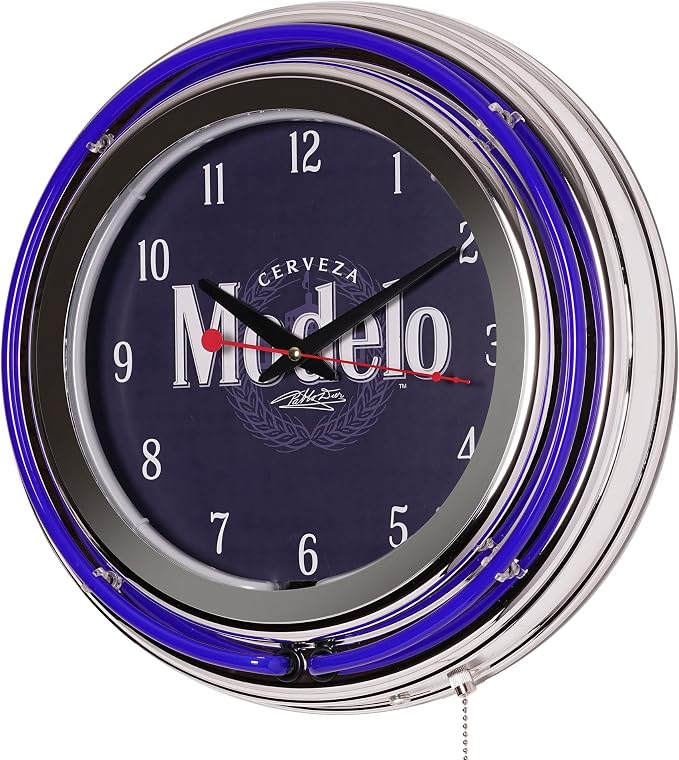 American Art Decor Retro Neon Wall Clock - Round Battery Operated Vintage Analog Clock W/Pull Chain - for Bar, Man Cave, Garage, Arcade, Game Room & More (Modelo, 14.5” x 14.5” x 3.25”)