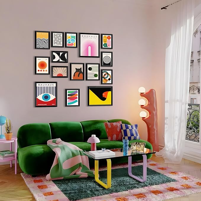 LANCHI95 15 PCS Boho Wall Decor– Mid Century Modern Wall Art Boho Posters, Posters For Room Aesthetic, Bauhaus Wall Art Abstract Posters, Collage Kit Pictures (FRAMED)
