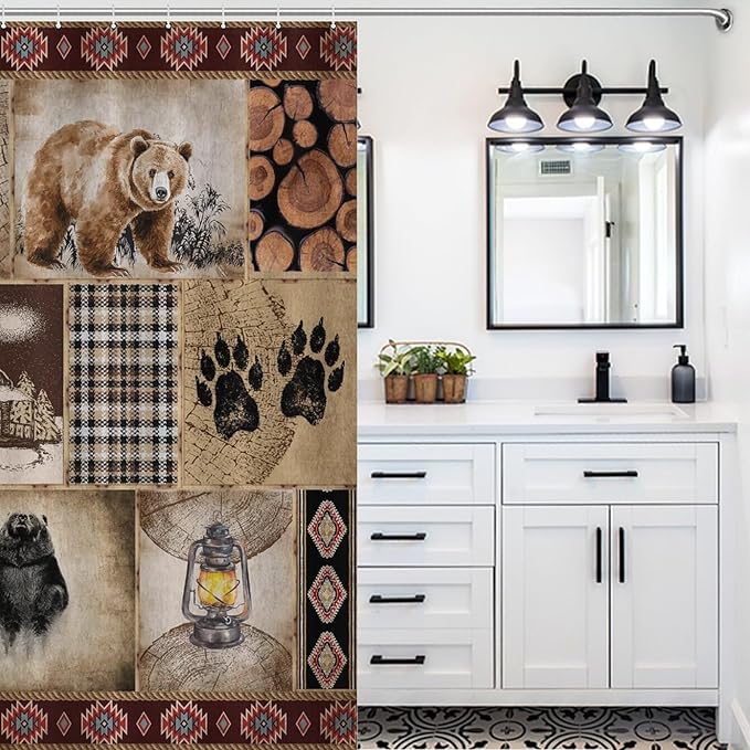 Rustic Cabin Vintage Bear Shower Curtain Boho Farmhouse Country Lodge Woodland Waterproof Shower Curtains for Bathroom Decor 12 Pack Hooks 55x72in（140x183cm）