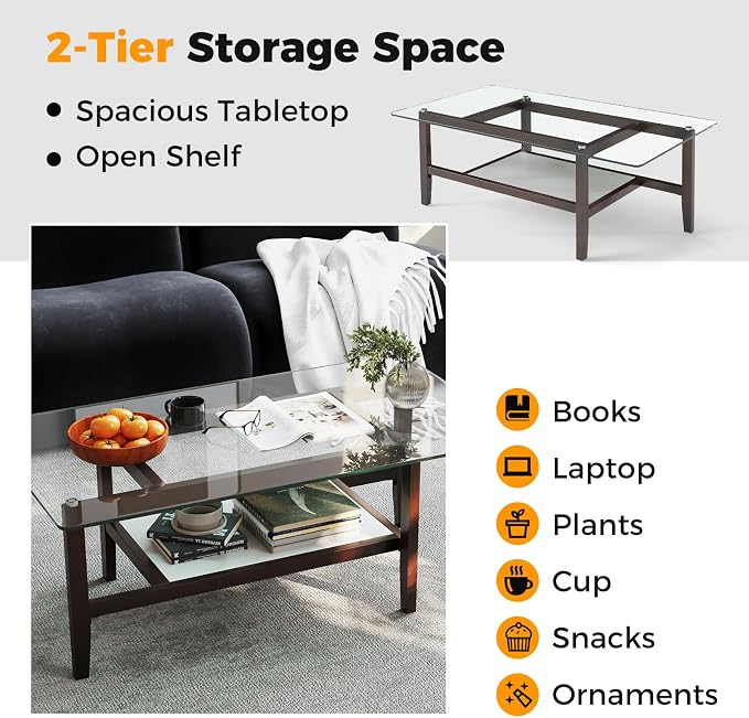 Tangkula Glass Coffee Table, 42” 2-Tier Rectangular Center Table with Storage Shelf & Solid Rubber Wood Legs, Modern Cocktail Table for Living Room, Home Office (Brown, 42" x 23.5")
