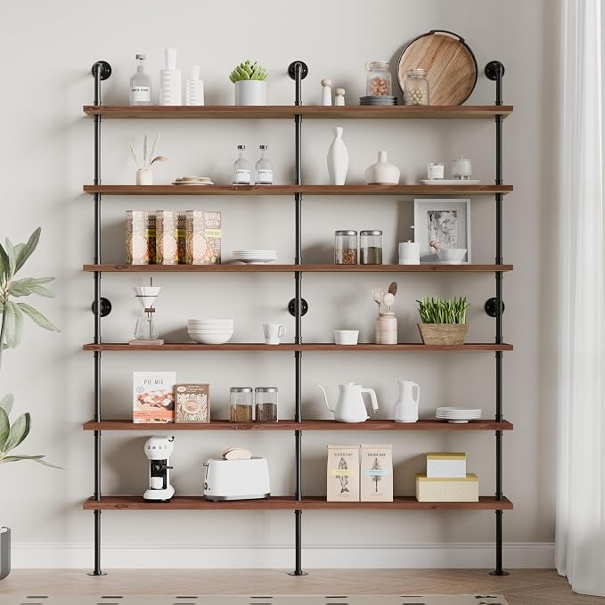 Industrial Ladder Shelf Bookcase, Wall Mounted Rustic Bookshelf, Retro Wood Metal Pipe Industrial Shelves for Living Room(Walnut Brown, 6 Tier - 10" D x 70" W x 82.5" H)