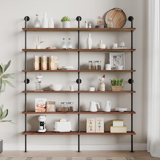 Industrial Ladder Shelf Bookcase, Wall Mounted Rustic Bookshelf, Retro Wood Metal Pipe Industrial Shelves for Living Room(Walnut Brown, 6 Tier - 10" D x 70" W x 82.5" H)