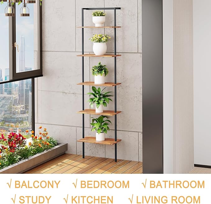 5-Tier Ladder Shelf, Wall Mounted Ladder Bookshelf with Metal Frame, Wood Tall Open Storage Rack and Display Shelves for Home Office Bedroom Living Room, Rustic Brown