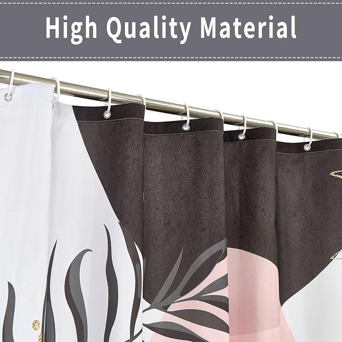 Boho Mid Century Shower Curtain, Black Pink Modern Minimalist Abstract Geometric Gold Plant Leaves Sun Arch Bathroom Curtains Waterproof Fabric Buthtub Curtain Set with Hooks 72" Wx84 L