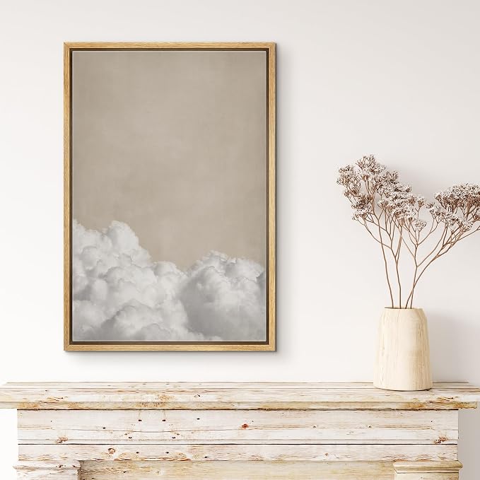 MUDECOR Framed Canvas Print Wall Art Soft Cloudscape Neutral Beige Sky and Clouds Illustrations Modern Art Minimal Relax for Living Room, Bedroom, Office - 24"x36" Natural