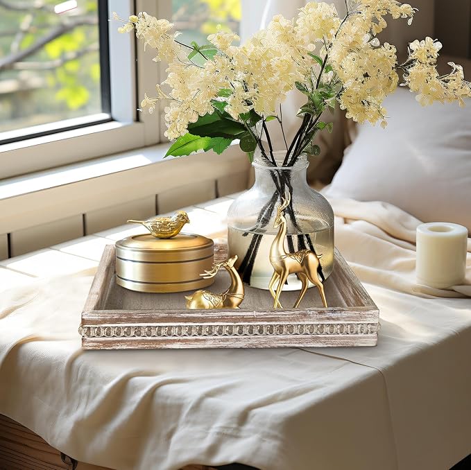MAONAME Wood Serving Tray, Farmhouse Wooden Tray for Coffee Table, Rustic Square Trays with Beads, Washed White Decorative Trays for Living Room, Kitchen, 12" X 12" X 1.6"