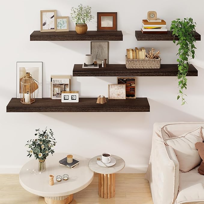 Solid Wood Floating Shelves for Wall 55"W x 8"D x 1.56"H Set of 1, Deep Wall Shelves for Living Room Bedroom Bathroom Kitchen Decor Storage with Invisible Heavy-Duty Metal Bracket, Rustic Brown