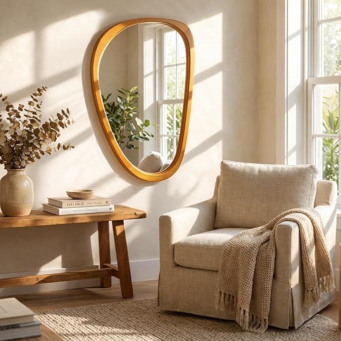 Irregular Asymmetrical Wall Mirror 30"×20" with Solid Wood Frame, Organic Mid-Century Modern Decorative Wall Mirror for Bedroom, Bathroom & Entryway