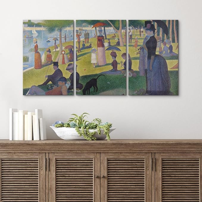 wall26 Canvas Print Wall Art Set La Grande Jatte by Georges Seurat Cultural Historic Oil Painting Fine Art Reproduction Scenic Colorful for Living Room, Bedroom, Office - 16"x24" x 3 Panels