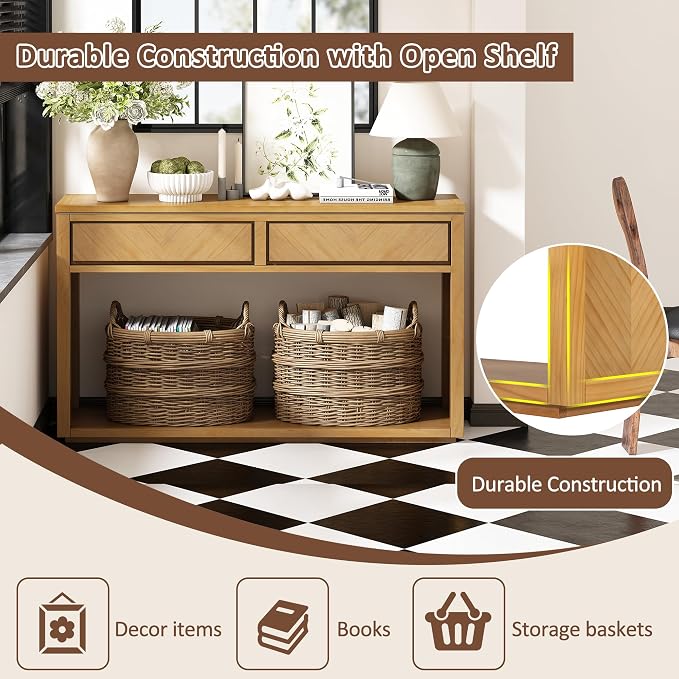 Wood Console Table, 55" Retro Narrow Long Sofa Table Behind Couch with Storage Drawers and Open Shelf for Hallway Entryway Living Room Entrance, Natural