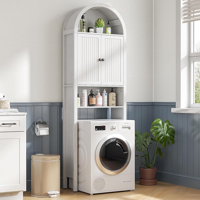 White Over The Toilet Storage Cabinet with Fluted Doors, Arched Bathroom Cabinet with Adjustable Shelf, 4 Tier Small Bathroom Shelf Organizer, Narrow Slim Toilet Rack, Wood, Anti-Tipping Device