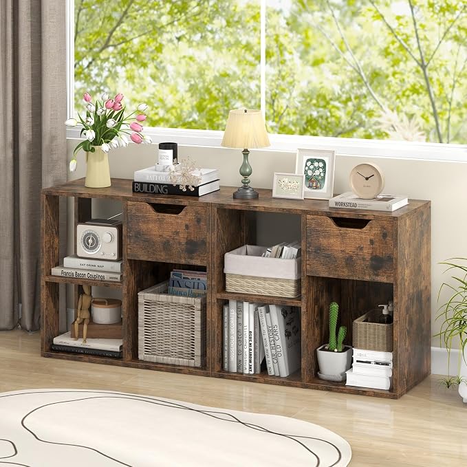 LOKO 3-Cube Bookshelf with Drawer Set of 2, 2-Tier Open Shelf Bookcase, Freestanding Display Shelf, Modern Home Storage Organizer, Shelving Unit for Living Room, Study, Office (2, Rustic Brown)