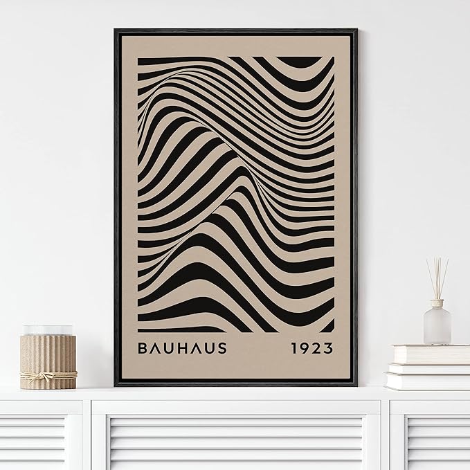 MUDECOR Framed Canvas Print Wall Art Mid-Century Bauhaus Black Stripe Illusion Shapes Abstract Illustrations Modern Art Minimal Multicolor Relax/Calm for Living Room, Bedroom, Office - 16"x24" Black