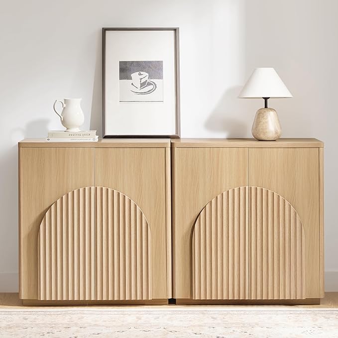 CHITA Sideboard Buffet Cabinet with Storage, Small Storage Cabinet with Doors and Shelves for Living Room Accent, Bar, Kitchen, Set of 2, Oak