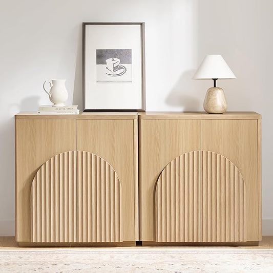 CHITA Sideboard Buffet Cabinet with Storage, Small Storage Cabinet with Doors and Shelves for Living Room Accent, Bar, Kitchen, Set of 2, Oak