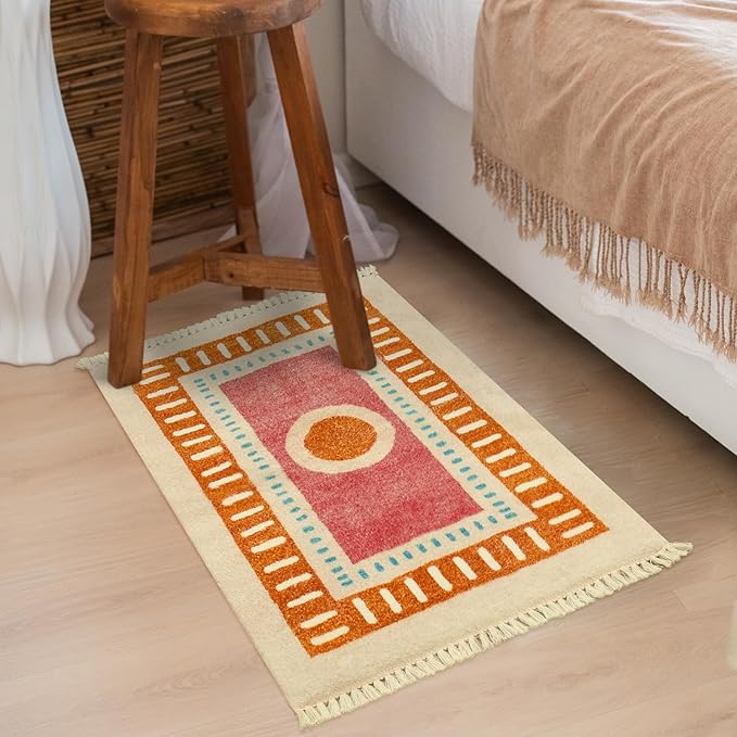 Lukinbox Boho Bathroom Rugs with Fringes, 2x3 Small Washable Sun Area Rug for Bedroom, Ultra Soft Non-Slip Orange Rainbow Throw Rug for Kids Room Entryway Kitchen Door Mat