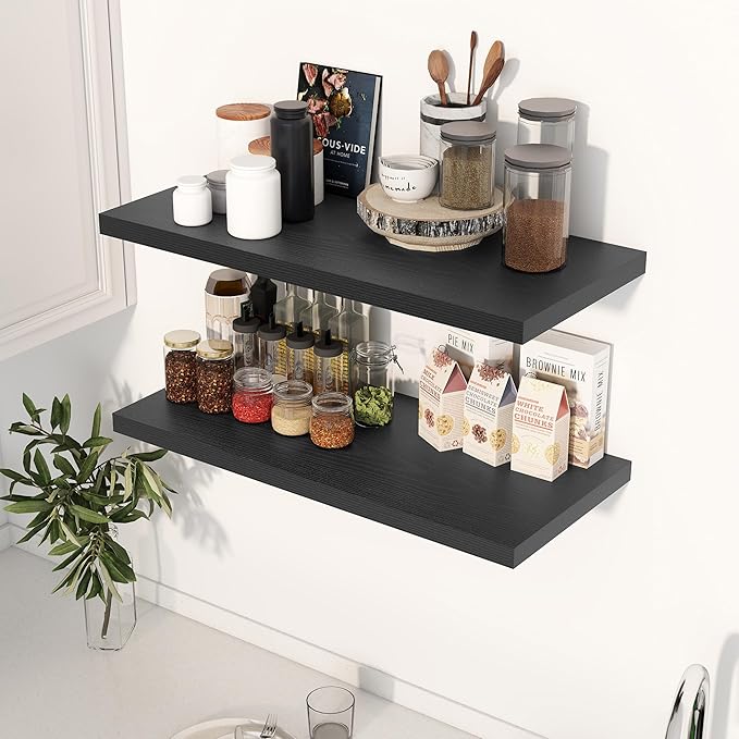 Dreamland 30" Floating Shelves for Wall, 12" Deep Slim Black Floating Shelves, Wall-Mounted Shelves for Bedroom, Living Room, Kitchen, Bathroom - Set of 2
