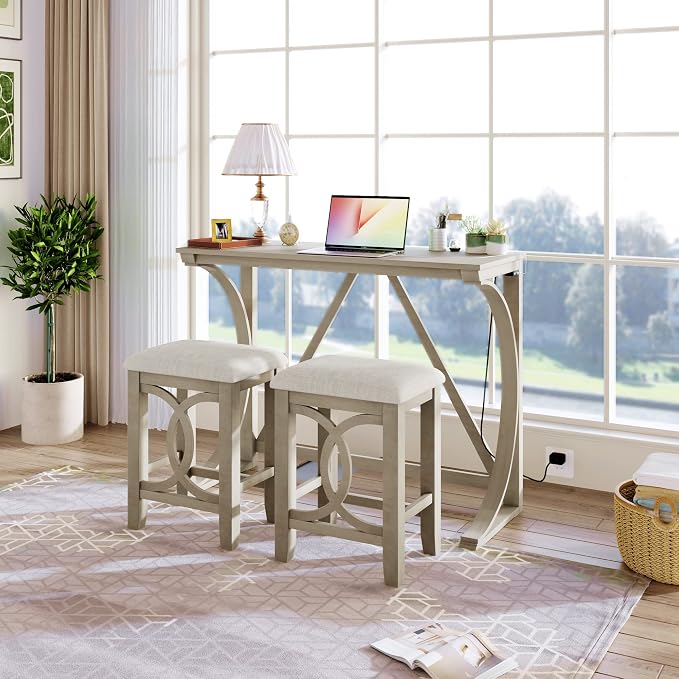 VilroCaz Farmhouse 3-Piece Counter Height Dining Table Set with USB Port and 2 Upholstered Stools, Rustic Dining Set Bar Set for Dining Room Kitchen (Cream)
