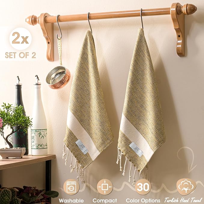 Hand Towels - Set of 2 | 18" x 30" - Decorative Turkish Hand Towel for Bathroom, Kitchen, Guest, Face, Hair, Tea, Dishcloth (Diamond, Mustard)