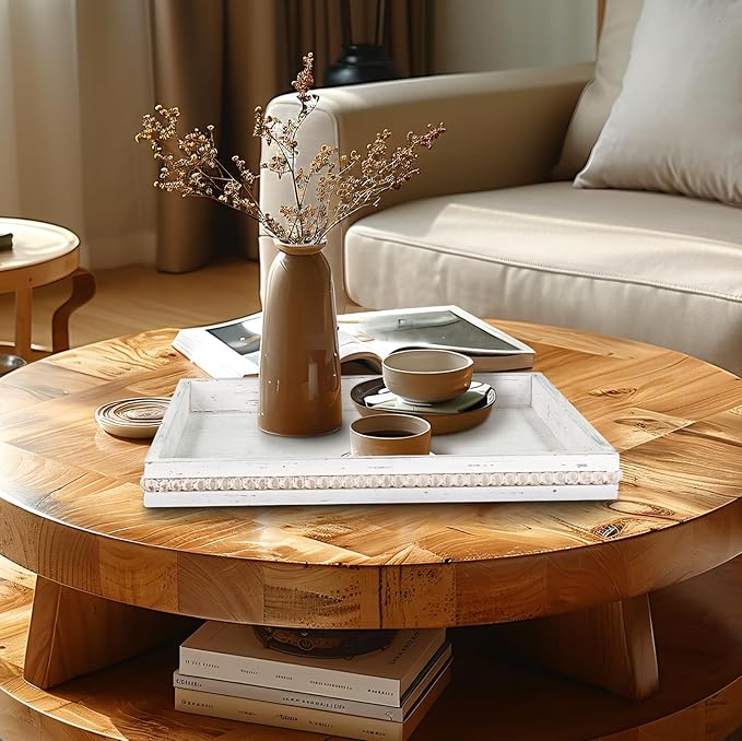 MAONAME Wood Serving Tray, Farmhouse Wooden Tray for Coffee Table, Rustic Rectangle Trays with Beads, Vintage White Decorative Trays for Living Room, Kitchen, 15.7" X 11.8" X 1.57"
